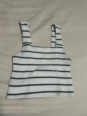 American Eagle Outfitters White and Black Striped Ribbed Square-Neck Crop Tank